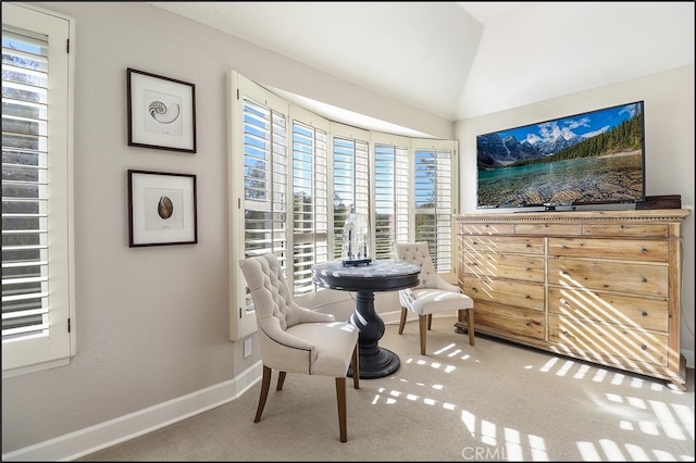 23962 Lanteen Cir, Laguna Niguel, CA 92677 - dining area featuring carpet floors, vaulted ceiling, and baseboards