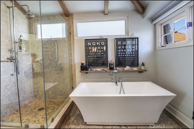 23962 Lanteen Cir, Laguna Niguel, CA 92677 - full bathroom with a stall shower, beam ceiling, and a freestanding tub