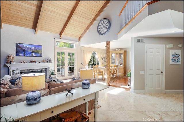 23962 Lanteen Cir, Laguna Niguel, CA 92677 - living area featuring wooden ceiling, high vaulted ceiling, beamed ceiling, baseboards, and light tile patterned flooring