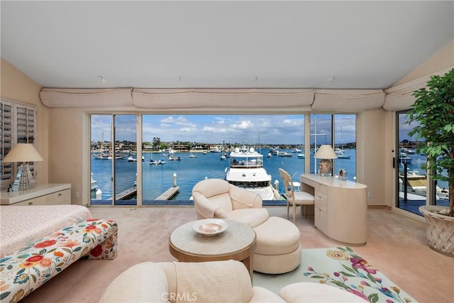 812 W Bay Ave, Newport Beach, CA 92661 - bedroom with carpet flooring, a water view, access to outside, and vaulted ceiling