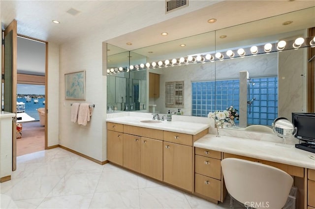 812 W Bay Ave, Newport Beach, CA 92661 - bathroom with recessed lighting, baseboards, marble finish floor, visible vents, and vanity