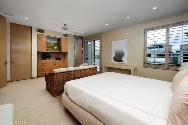 812 W Bay Ave, Newport Beach, CA 92661 - bedroom featuring light colored carpet, visible vents, ceiling fan, and recessed lighting
