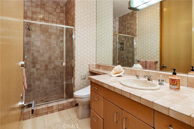 812 W Bay Ave, Newport Beach, CA 92661 - full bath featuring tile patterned flooring, a shower stall, wallpapered walls, and vanity