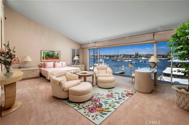 812 W Bay Ave, Newport Beach, CA 92661 - bedroom featuring carpet, a water view, multiple windows, and lofted ceiling