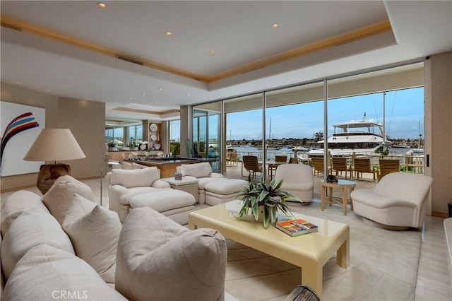 812 W Bay Ave, Newport Beach, CA 92661 - living area featuring a raised ceiling, light tile patterned floors, visible vents, and recessed lighting