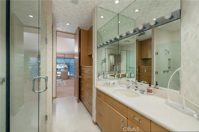812 W Bay Ave, Newport Beach, CA 92661 - bathroom with a shower stall, tile patterned floors, vanity, and recessed lighting