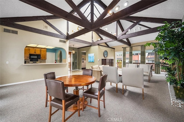 carpeted dining space with beamed ceiling, high vaulted ceiling, visible vents, and baseboards