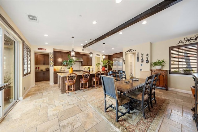 dining room with recessed lighting, stone tile floors, visible vents, vaulted ceiling with beams, and baseboards