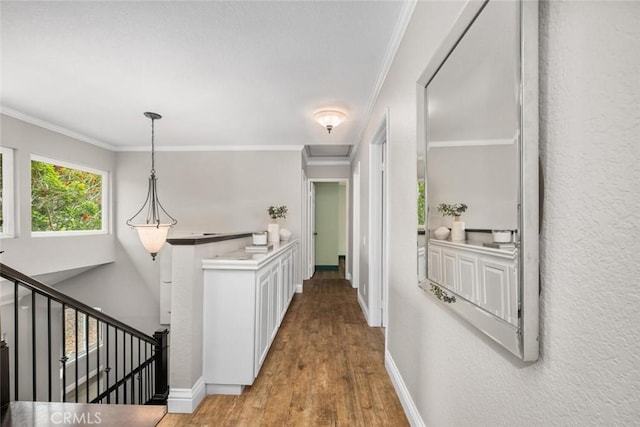 hallway featuring crown molding, light wood finished floors, baseboards, and an upstairs landing
