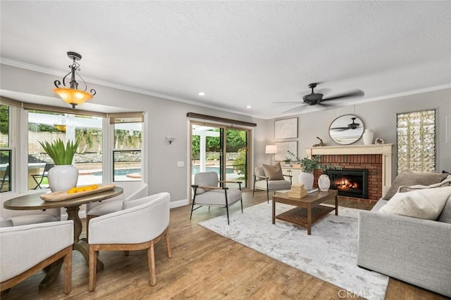 living area with a ceiling fan, ornamental molding, light wood-type flooring, baseboards, and a fireplace