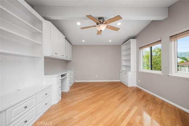 4805 Via Amante, Yorba Linda, CA 92886 - unfurnished living room with ceiling fan, light wood-type flooring, baseboards, recessed lighting, and beam ceiling