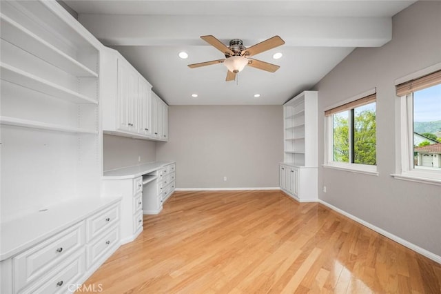 4805 Via Amante, Yorba Linda, CA 92886 - unfurnished living room with built in study area, ceiling fan, light wood-style floors, recessed lighting, and beam ceiling