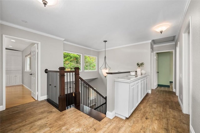 4805 Via Amante, Yorba Linda, CA 92886 - hall with an upstairs landing, light wood finished floors, baseboards, and ornamental molding