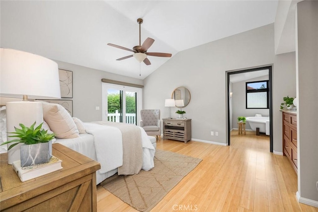 bedroom featuring lofted ceiling, access to exterior, baseboards, light wood-style flooring, and ceiling fan