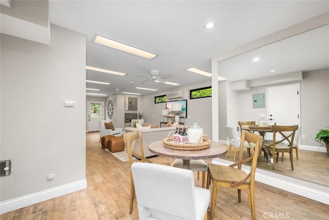 4805 Via Amante, Yorba Linda, CA 92886 - dining room featuring a ceiling fan, baseboards, light wood-style flooring, electric panel, and recessed lighting