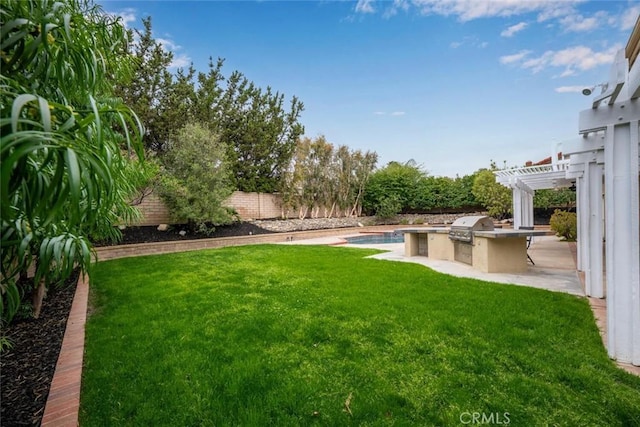 view of yard with a pergola, a fenced backyard, a patio area, and exterior kitchen