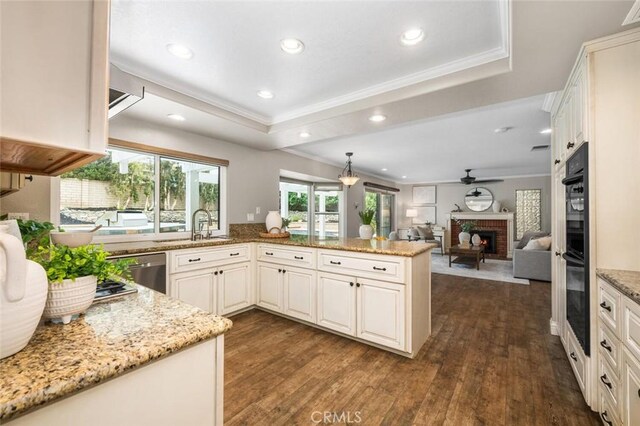 kitchen with light stone counters, stainless steel dishwasher, a sink, crown molding, and dark wood-style flooring