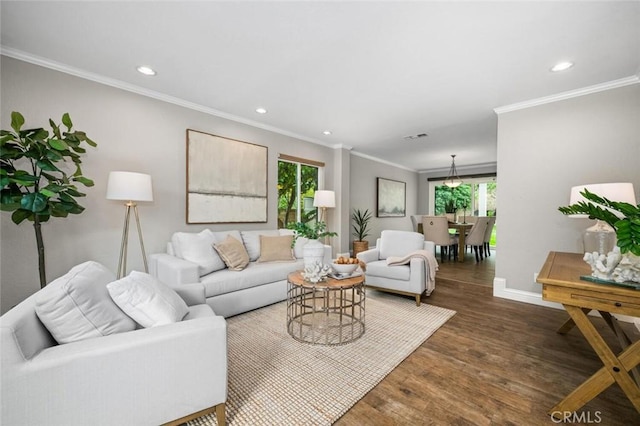4805 Via Amante, Yorba Linda, CA 92886 - living room with recessed lighting, dark wood finished floors, baseboards, and ornamental molding