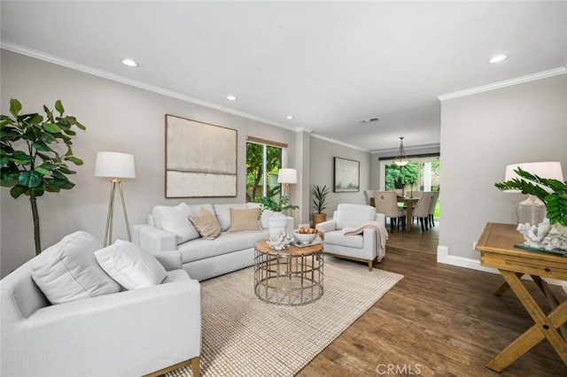 4805 Via Amante, Yorba Linda, CA 92886 - living area featuring recessed lighting, dark wood-style flooring, and ornamental molding