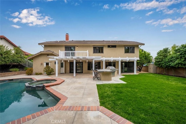 4805 Via Amante, Yorba Linda, CA 92886 - back of house with a pergola, stucco siding, a pool with connected hot tub, a fenced backyard, and a chimney