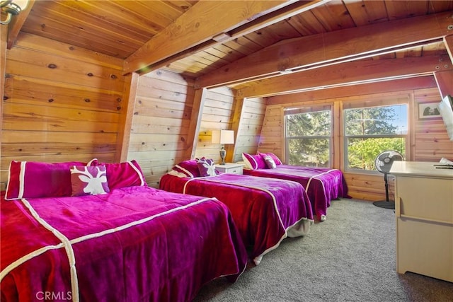 carpeted bedroom featuring wooden ceiling, vaulted ceiling, and wooden walls