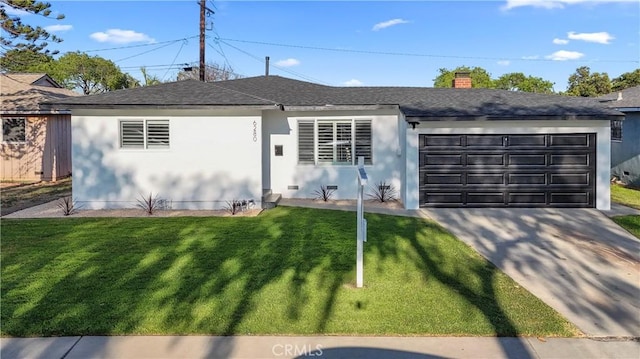 single story home with a chimney, a front lawn, stucco siding, an attached garage, and driveway
