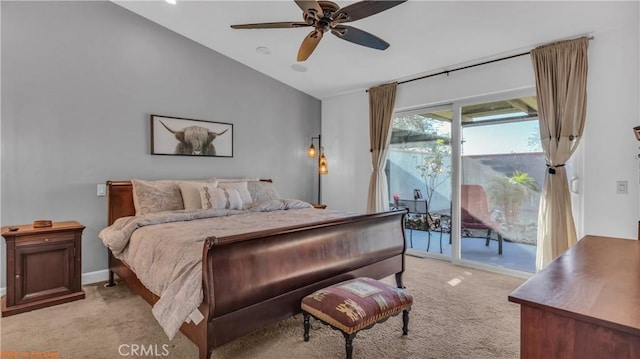 73950 22nd Ave, Desert Hot Springs, CA 92241 - bedroom featuring baseboards, vaulted ceiling, ceiling fan, light carpet, and access to outside