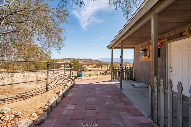 73950 22nd Ave, Desert Hot Springs, CA 92241 - view of patio with an outbuilding, a mountain view, and an exterior structure