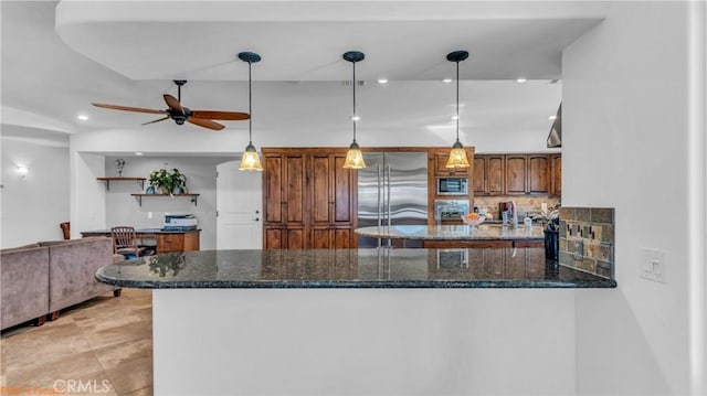 73950 22nd Ave, Desert Hot Springs, CA 92241 - kitchen with a peninsula, tasteful backsplash, recessed lighting, ceiling fan, and appliances with stainless steel finishes