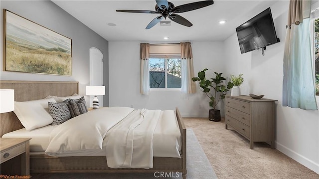 73950 22nd Ave, Desert Hot Springs, CA 92241 - bedroom with recessed lighting, ceiling fan, light carpet, arched walkways, and baseboards