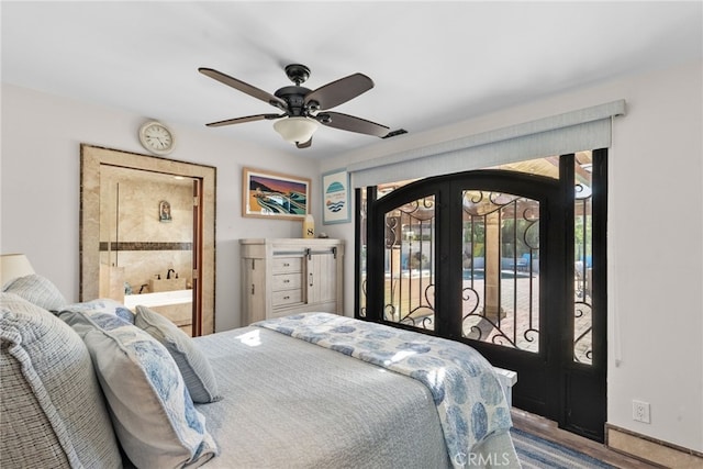 27361 Rainbow Ridge Rd, Palos Verdes Peninsula, CA 90274 - bedroom featuring access to exterior, french doors, ensuite bathroom, ceiling fan, and baseboards