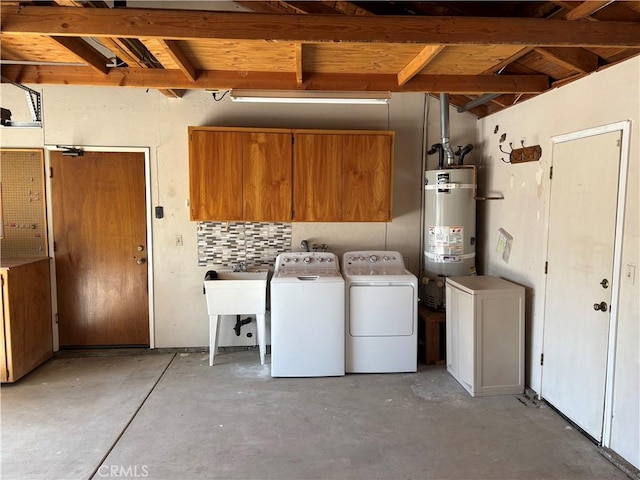 laundry area featuring separate washer and dryer, laundry area, and strapped water heater