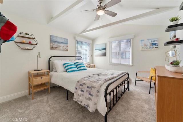 56 B Surfside Ave, Surfside, CA 90743 - bedroom with baseboards, vaulted ceiling with beams, light colored carpet, and a ceiling fan