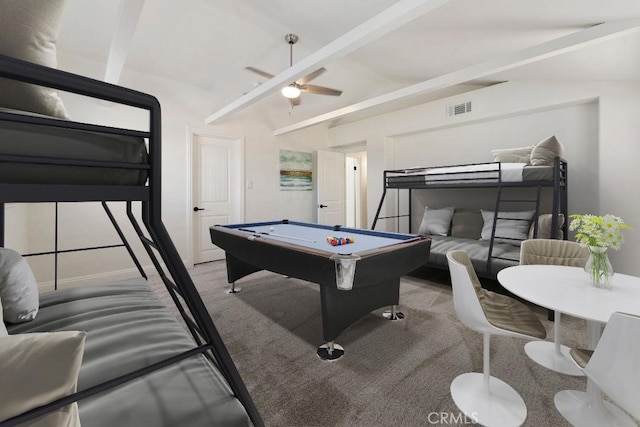 56 B Surfside Ave, Surfside, CA 90743 - rec room featuring visible vents, vaulted ceiling with beams, a ceiling fan, carpet floors, and pool table