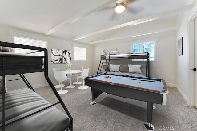 56 B Surfside Ave, Surfside, CA 90743 - interior space featuring vaulted ceiling with beams, baseboards, carpet, a ceiling fan, and pool table