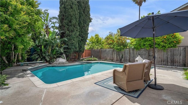 view of swimming pool with a fenced in pool, a fenced backyard, and a patio area