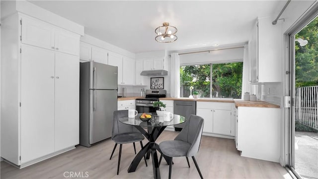 kitchen with appliances with stainless steel finishes, white cabinetry, light wood finished floors, and under cabinet range hood