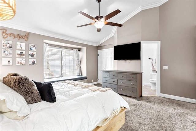 2218 Mayfair Ct, Costa Mesa, CA 92627 - bedroom with baseboards, carpet floors, connected bathroom, ornamental molding, and high vaulted ceiling
