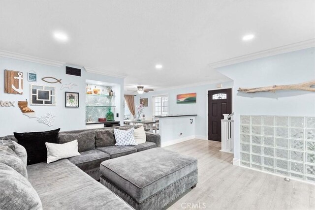 2218 Mayfair Ct, Costa Mesa, CA 92627 - living area with ornamental molding, light wood-type flooring, a ceiling fan, baseboards, and recessed lighting