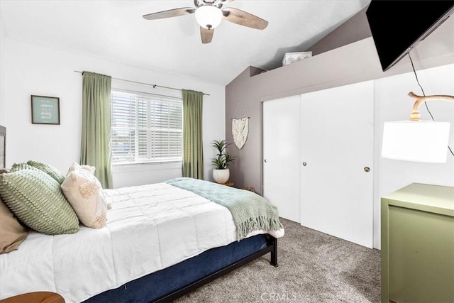 2218 Mayfair Ct, Costa Mesa, CA 92627 - bedroom featuring carpet, lofted ceiling, a closet, and a ceiling fan