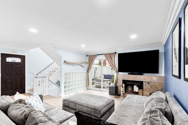 2218 Mayfair Ct, Costa Mesa, CA 92627 - living room with stairs, wood finished floors, crown molding, recessed lighting, and a fireplace