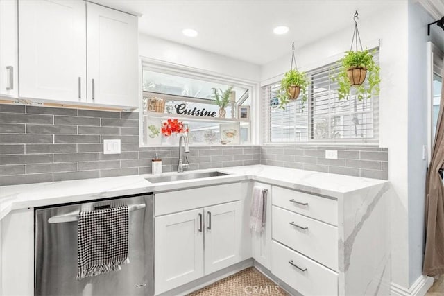 2218 Mayfair Ct, Costa Mesa, CA 92627 - kitchen with stainless steel dishwasher, a sink, white cabinetry, light stone counters, and recessed lighting