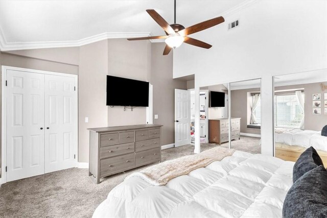 2218 Mayfair Ct, Costa Mesa, CA 92627 - bedroom with light carpet, crown molding, baseboards, high vaulted ceiling, and ceiling fan