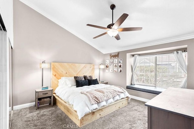 2218 Mayfair Ct, Costa Mesa, CA 92627 - carpeted bedroom with crown molding, vaulted ceiling, baseboards, and a ceiling fan