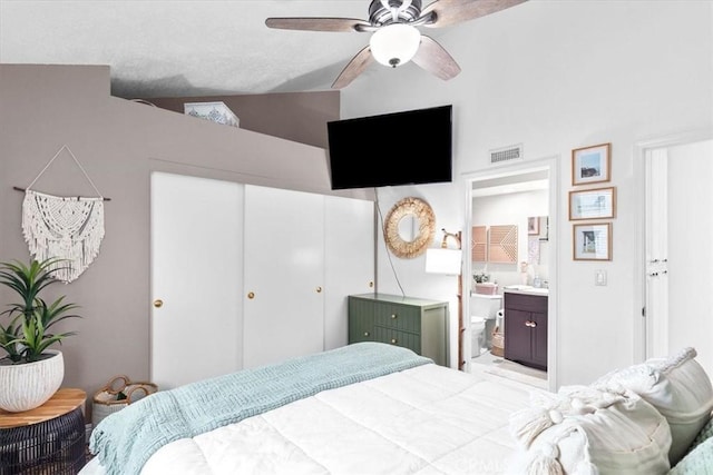 2218 Mayfair Ct, Costa Mesa, CA 92627 - bedroom with vaulted ceiling, ensuite bathroom, a closet, and a ceiling fan