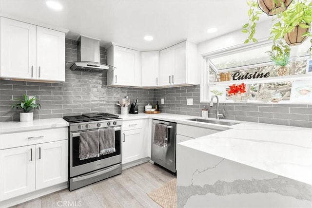 2218 Mayfair Ct, Costa Mesa, CA 92627 - kitchen with stainless steel appliances, wall chimney range hood, light wood-type flooring, a sink, and white cabinetry