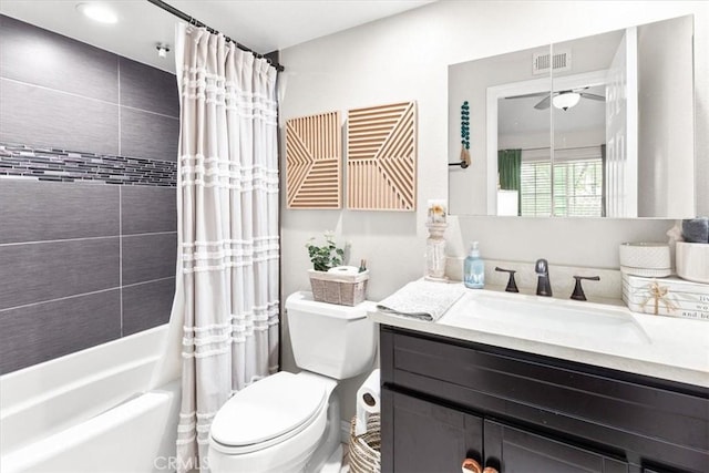 2218 Mayfair Ct, Costa Mesa, CA 92627 - bathroom with toilet, vanity, shower / tub combo, and ceiling fan