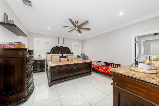 20109 Hunter St, Perris, CA 92570 - bedroom featuring visible vents, recessed lighting, marble finish floor, and ornamental molding