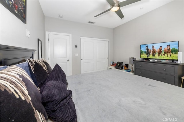 20109 Hunter St, Perris, CA 92570 - carpeted bedroom featuring a ceiling fan and a closet