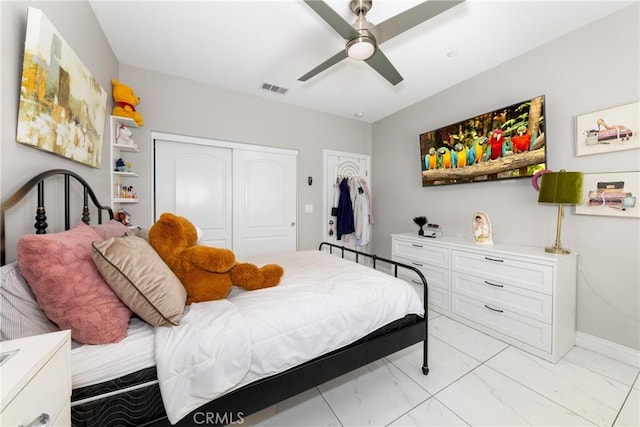 20109 Hunter St, Perris, CA 92570 - bedroom with a closet, marble finish floor, ceiling fan, baseboards, and visible vents